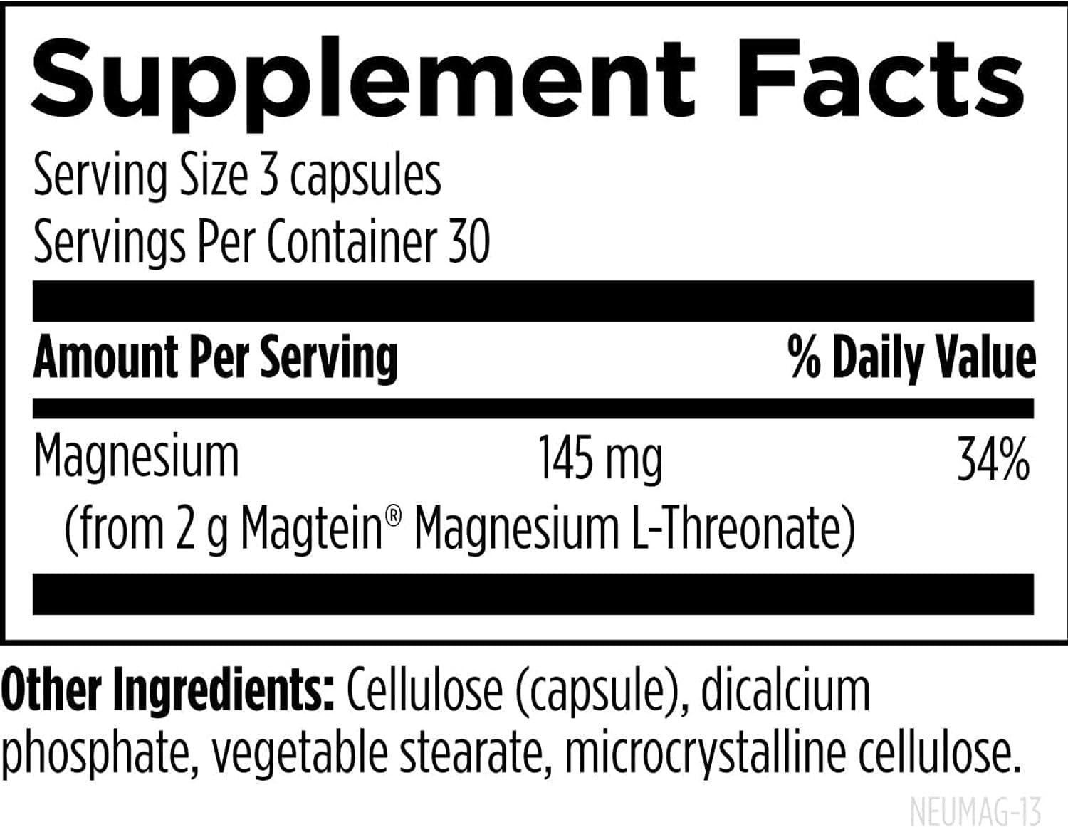 Designs for Health NeuroMag - Magnesium L-Threonate (Magtein®) for Brain Health, Focus, and Sleep (90 Vegan Capsules) - supplement facts and ingredients label