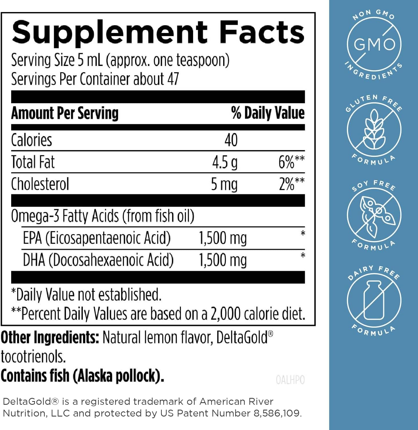 Designs for Health OmegAvail Hi-Po Liquid - High-Concentration 1:1 EPA/DHA Omega-3 (47 Servings) - supplement facts and ingredients label