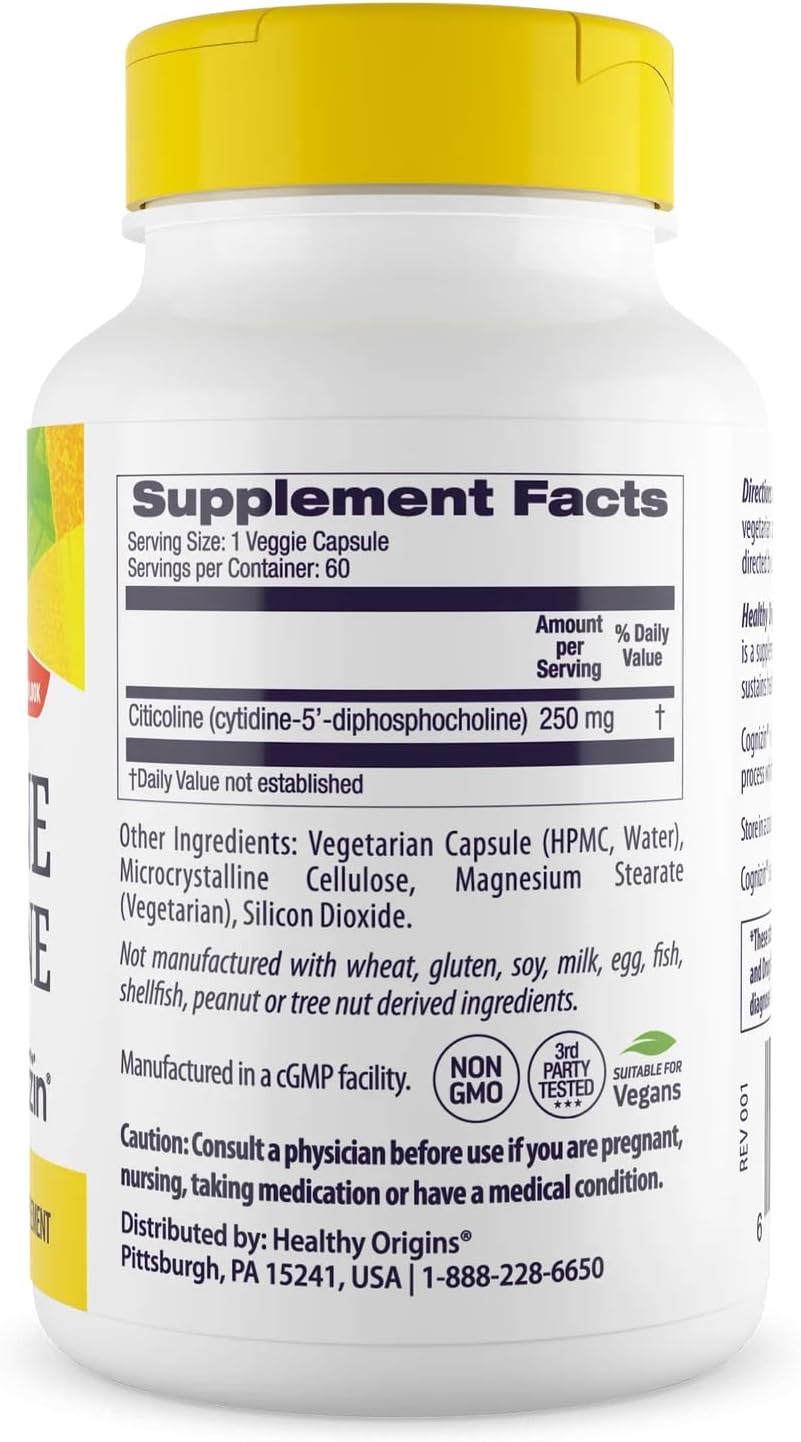 Healthy Origins Cognizin Citicoline 250mg - Branded CDP-Choline for Memory and Focus (60 Veggie Capsules) - supplement facts and ingredients label