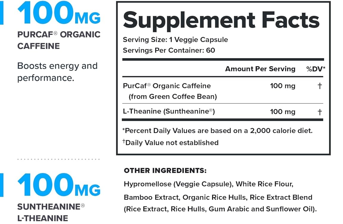Legion Peak Caffeine + L-Theanine - Balanced 1:1 Nootropic for Clean, Steady Energy (60 Capsules) - supplement facts and ingredients label
