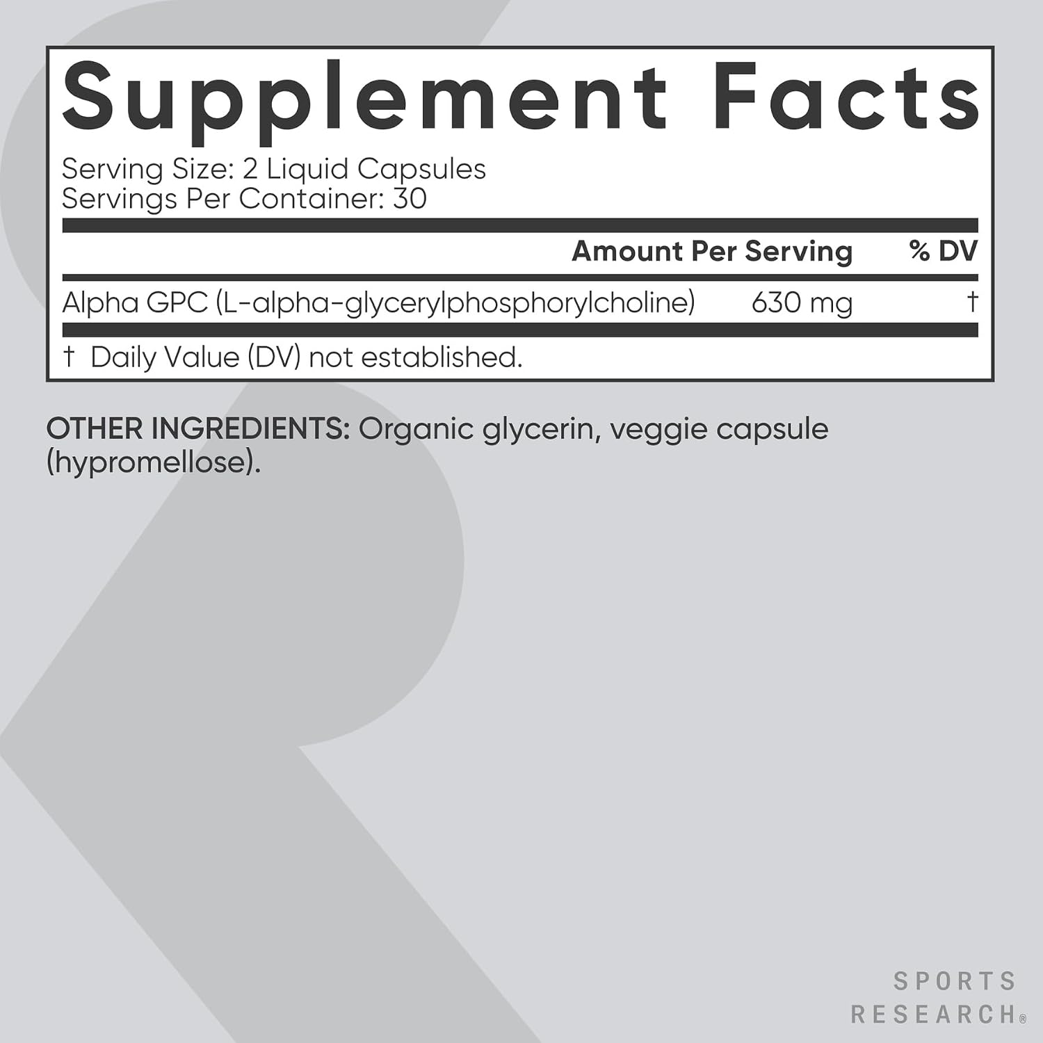 Sports Research Alpha GPC 630mg - Fast-Acting Choline for Occasional Focus and Performance (60 Liquid Capsules) - supplement facts and ingredients label