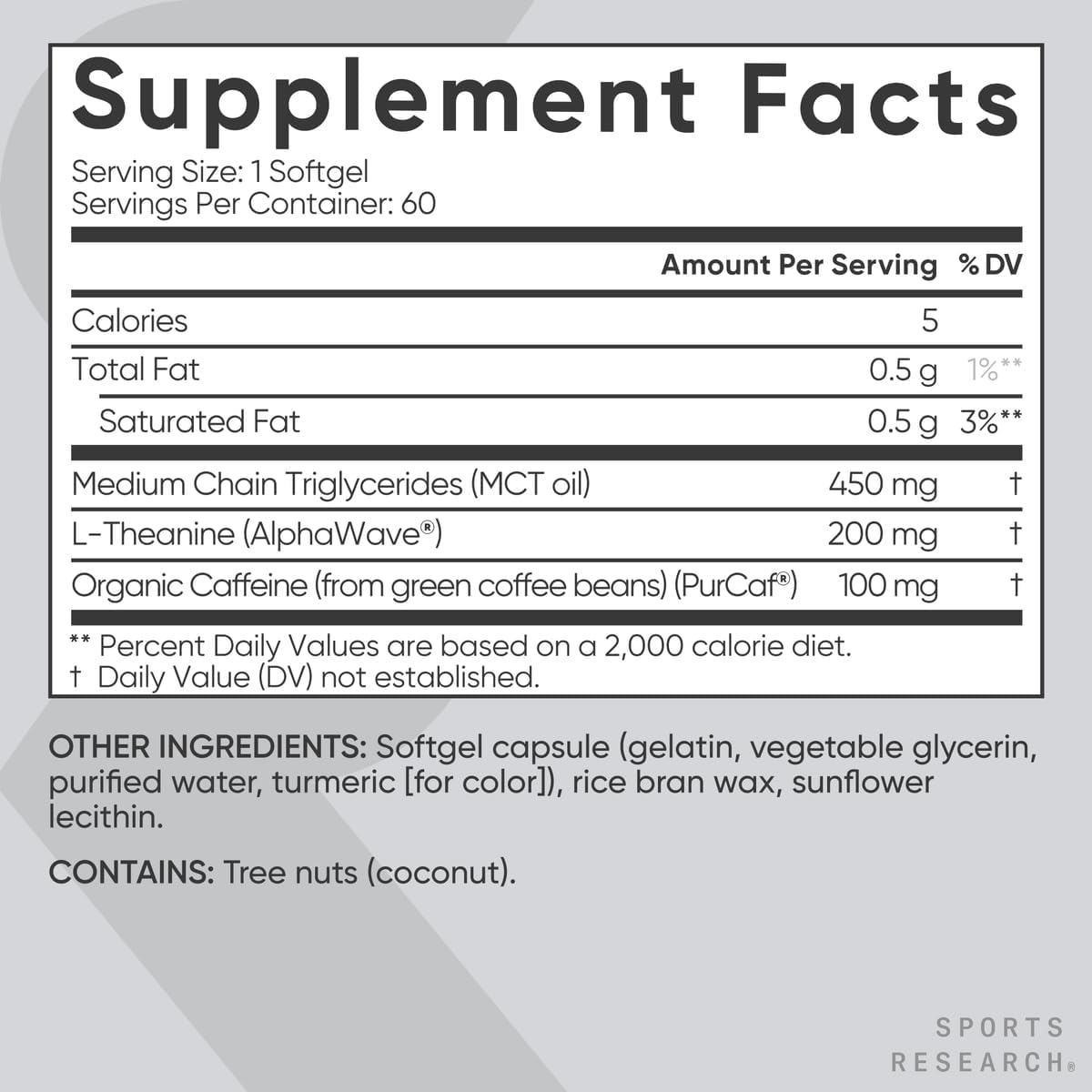 Sports Research L-Theanine + Caffeine - 2-in-1 Nootropic for Calm Focus (60 Softgels) - supplement facts and ingredients label