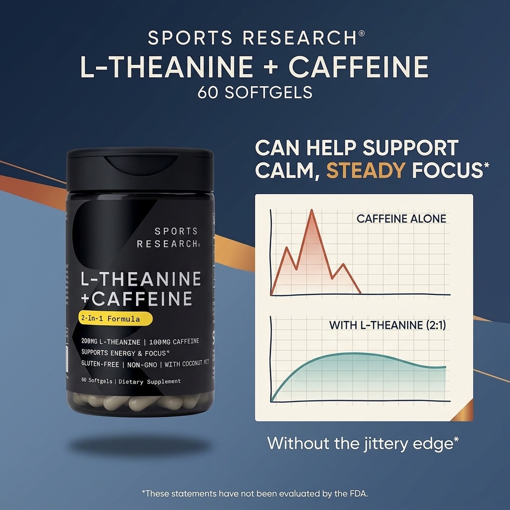Sports Research L-Theanine + Caffeine - 2-in-1 Nootropic for Calm Focus (60 Softgels) - product photo 3