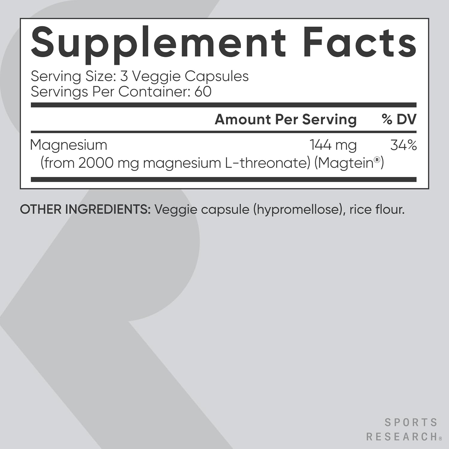 Sports Research Magnesium L-Threonate 2000mg with Magtein® - Brain-Focused Magnesium (180 Veggie Capsules) - supplement facts and ingredients label