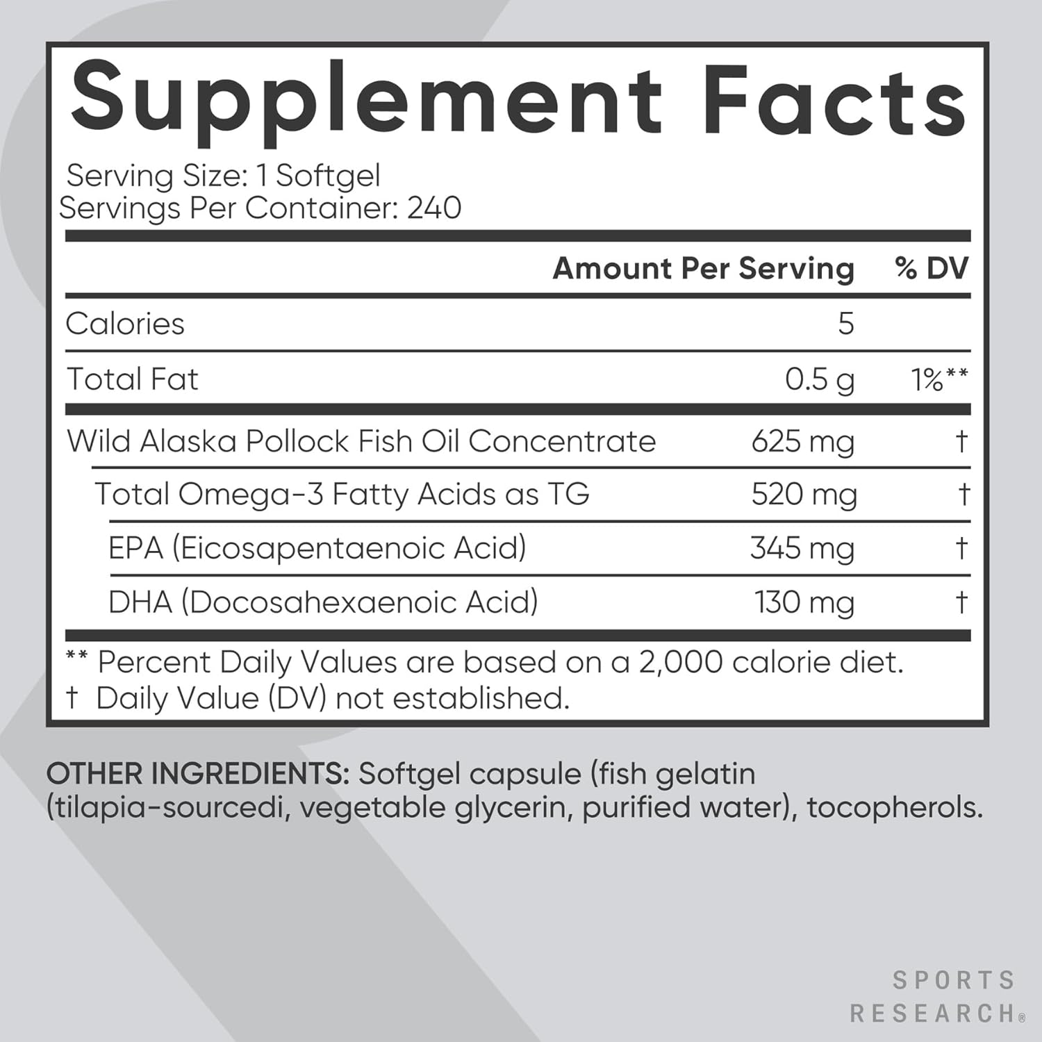 Sports Research Omega-3 Fish Oil Minis - High-Potency EPA & DHA in an Easy-to-Swallow Mini Softgel (240 Count) - supplement facts and ingredients label