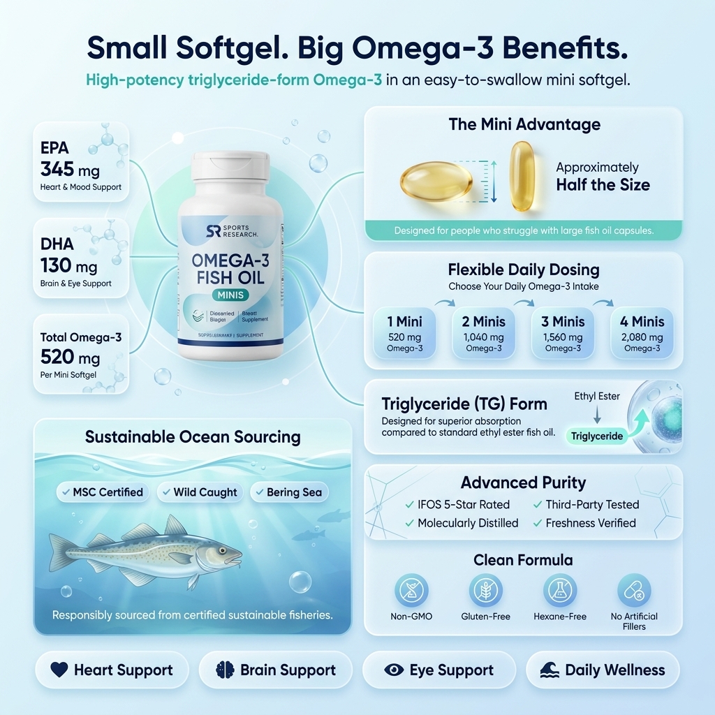 Sports Research Omega-3 Fish Oil Minis - High-Potency EPA & DHA in an Easy-to-Swallow Mini Softgel (240 Count) - product photo 3