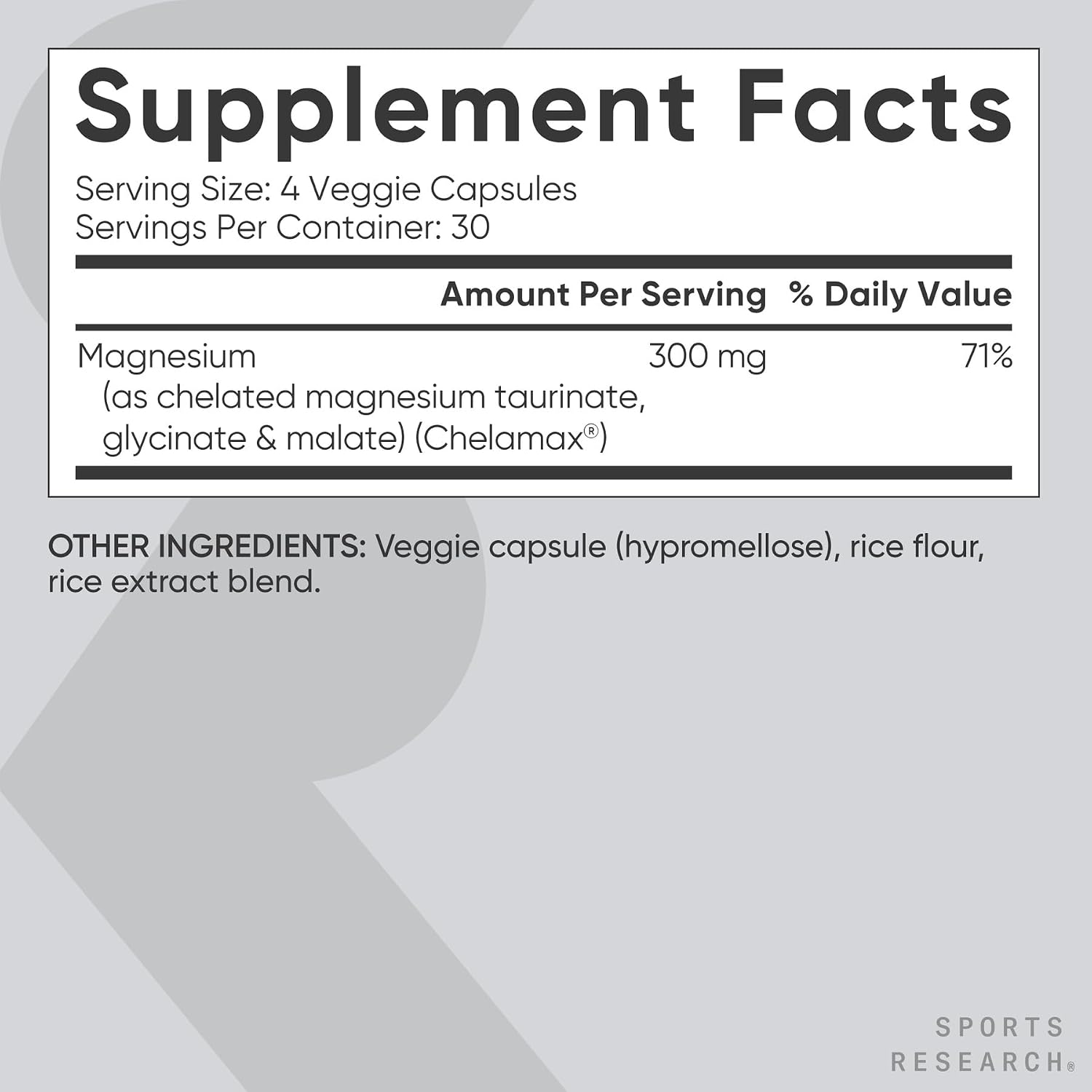 Sports Research Triple Magnesium Complex - Glycinate, Malate & Taurinate for Any-Time Magnesium Support (120 Veggie Capsules) - supplement facts and ingredients label