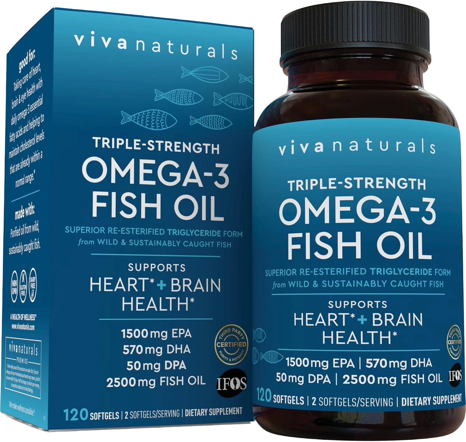 Viva Naturals Triple-Strength Omega-3 Fish Oil - High-Potency EPA, DHA & DPA for Heart, Brain, and Eye Support (120 Softgels) - main product photo