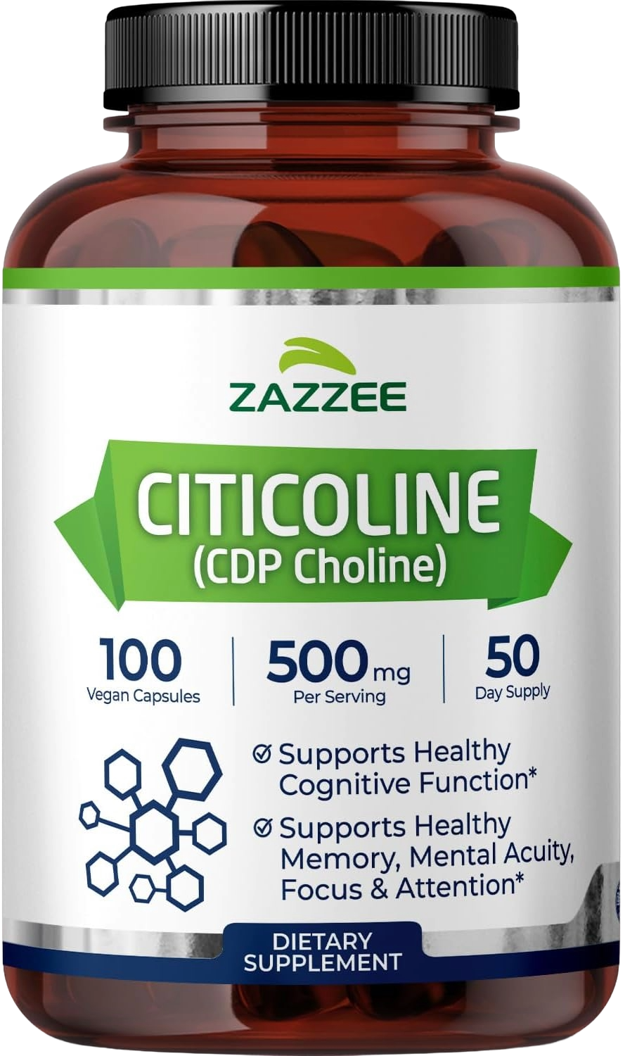 Zazzee Extra Strength Citicoline (CDP-Choline) 500mg - Daily Choline Support for Focus and Memory (100 Vegan Capsules) - main product photo