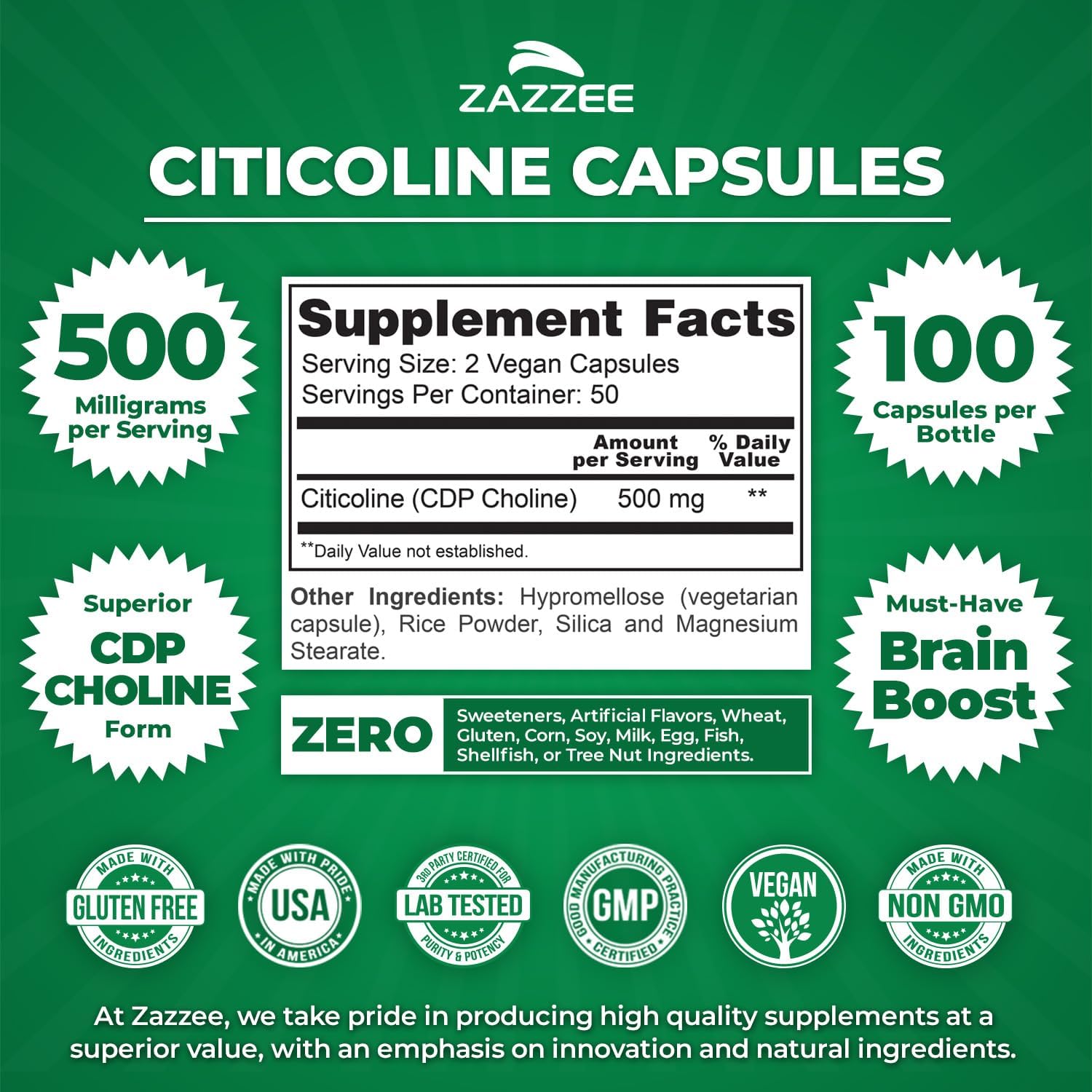 Zazzee Extra Strength Citicoline (CDP-Choline) 500mg - Daily Choline Support for Focus and Memory (100 Vegan Capsules) - supplement facts and ingredients label