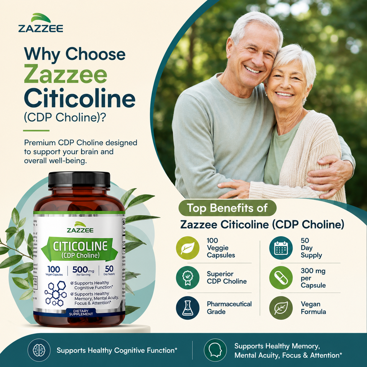 Zazzee Extra Strength Citicoline (CDP-Choline) 500mg - Daily Choline Support for Focus and Memory (100 Vegan Capsules) - product photo 3