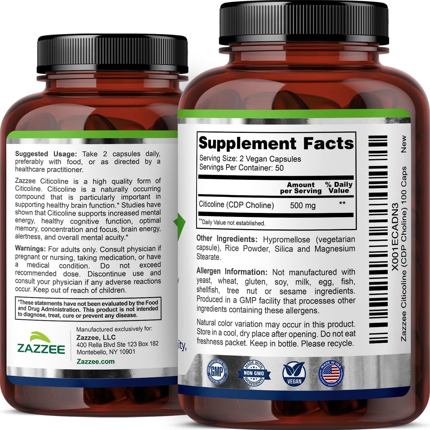 Zazzee Extra Strength Citicoline (CDP-Choline) 500mg - Daily Choline Support for Focus and Memory (100 Vegan Capsules) - product photo 5