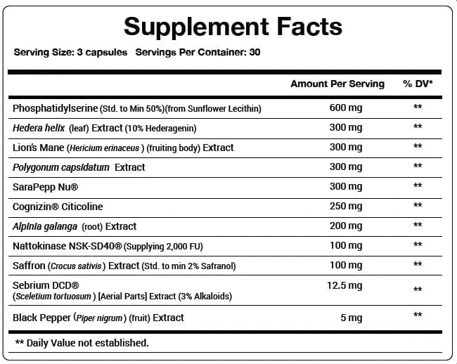 Zenos Health MoodZen - Mood, Stress Response, and Focus Support with Saffron, Kanna, Citicoline, and Phosphatidylserine (90 Capsules) - supplement facts and ingredients label