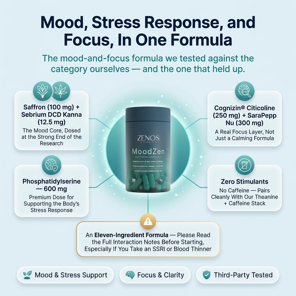 Zenos Health MoodZen - Mood, Stress Response, and Focus Support with Saffron, Kanna, Citicoline, and Phosphatidylserine (90 Capsules) - product photo 4